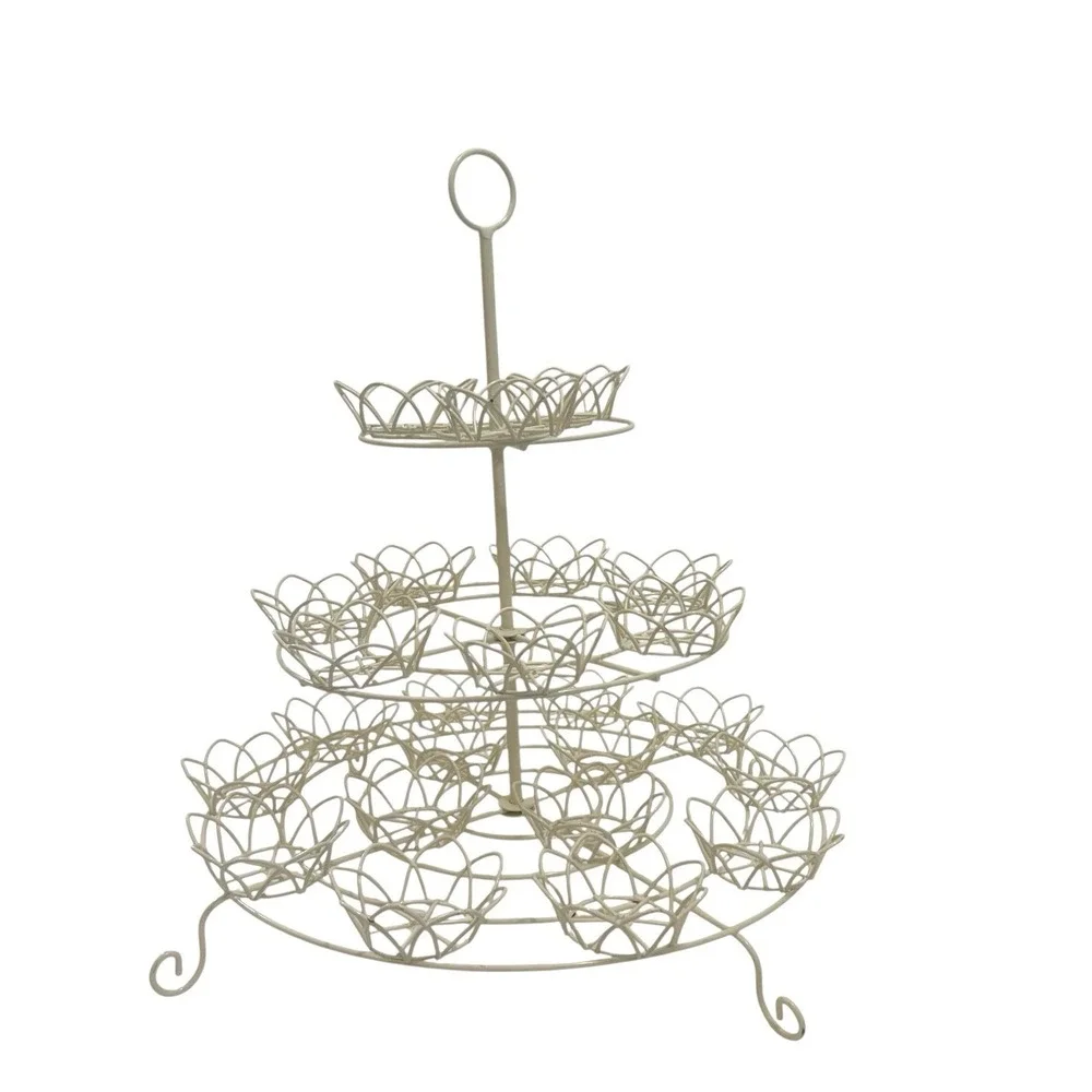 Vtg Wire Cup Cake Stand 3 Tier White 24 Cupcakes Flower Cottage Grannycore Party